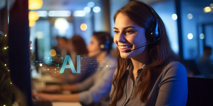 Smiling operator with AI graphic overlay representing customer service