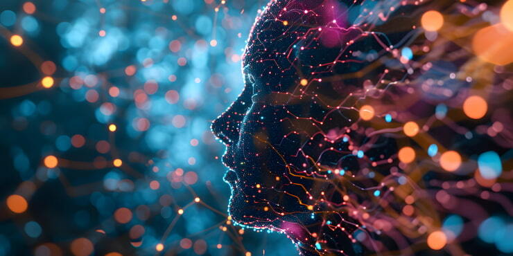 Intricate AI neural network profile view