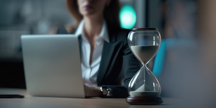 Hourglass on desk with working woman