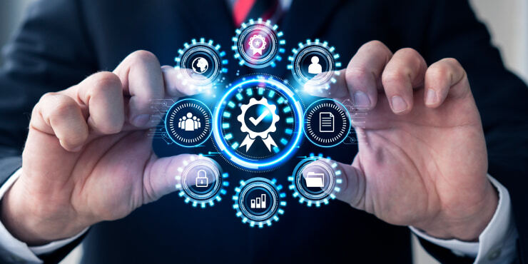 Digital icons encircling hands for OpEx success