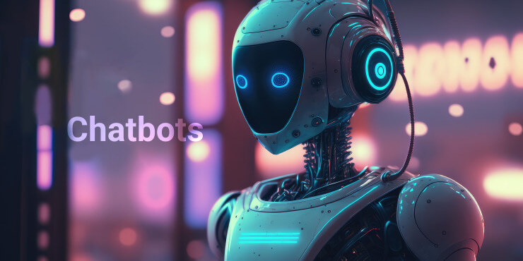 Chatbot with headset in neon light<br />
