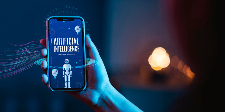 Hand holding phone with AI assistant app
