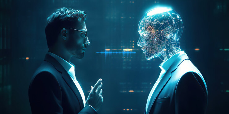 Man facing AI interface, conversational AI benefits