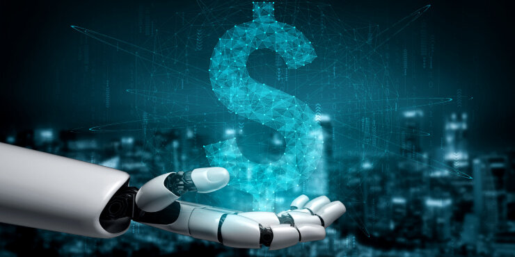 AI hand cradling digital currency symbol