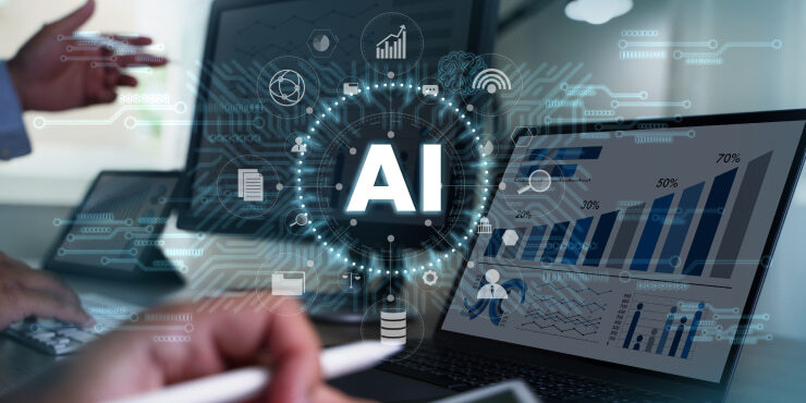AI hologram over laptop, marketing AI tools