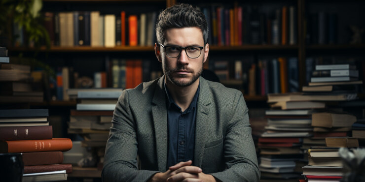Scholar amidst books pondering AI's impact