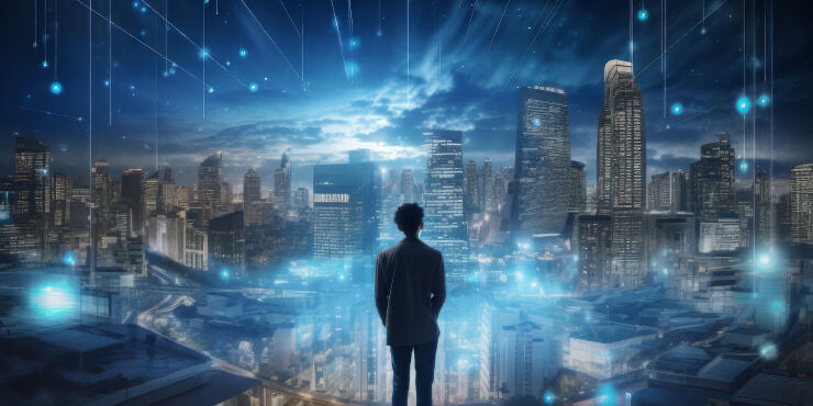 Man Overlooks AI-Infused City